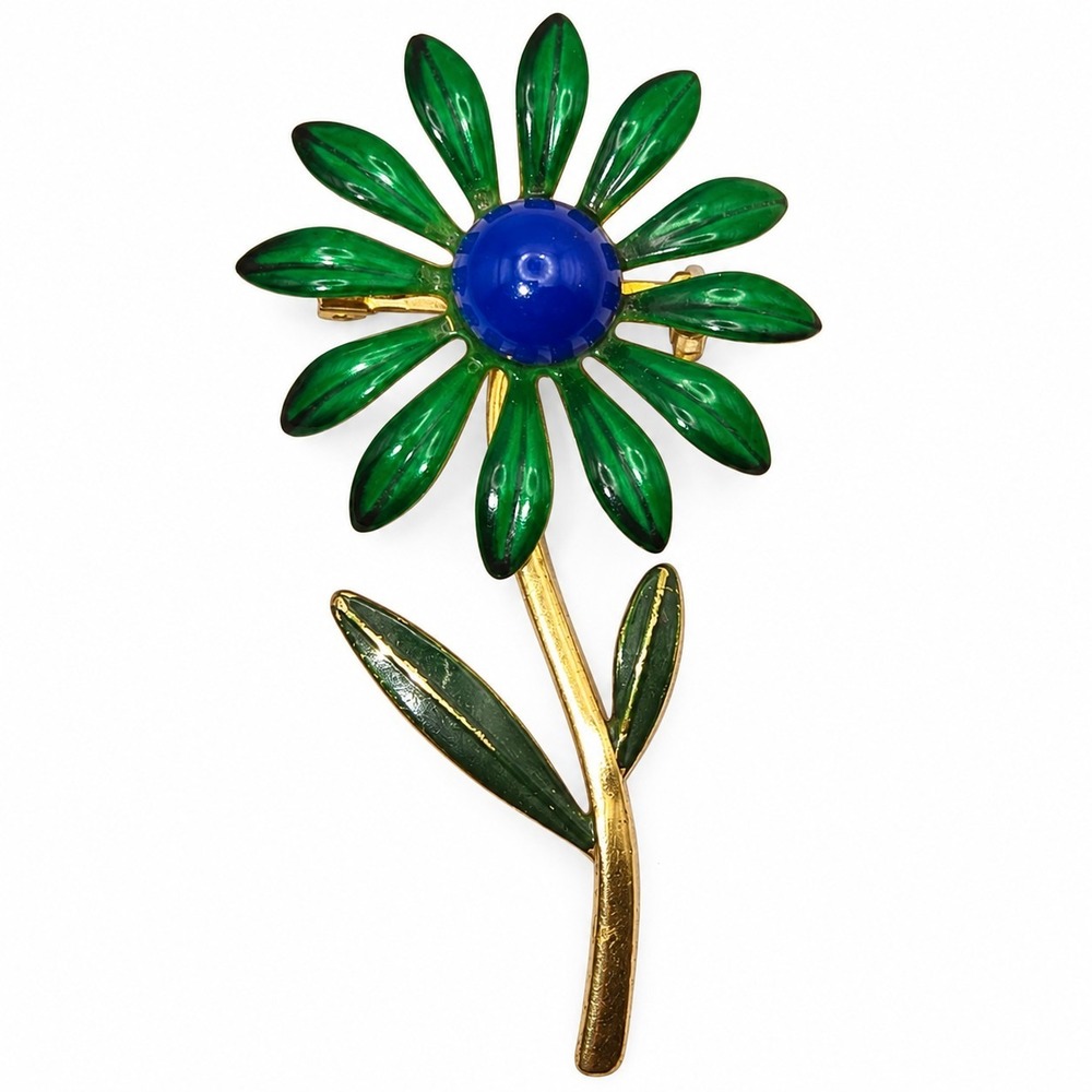 Vintage Green Enamel Flower Brooch Blue Center Gold Tone Floral Pin 2.75" -3770
